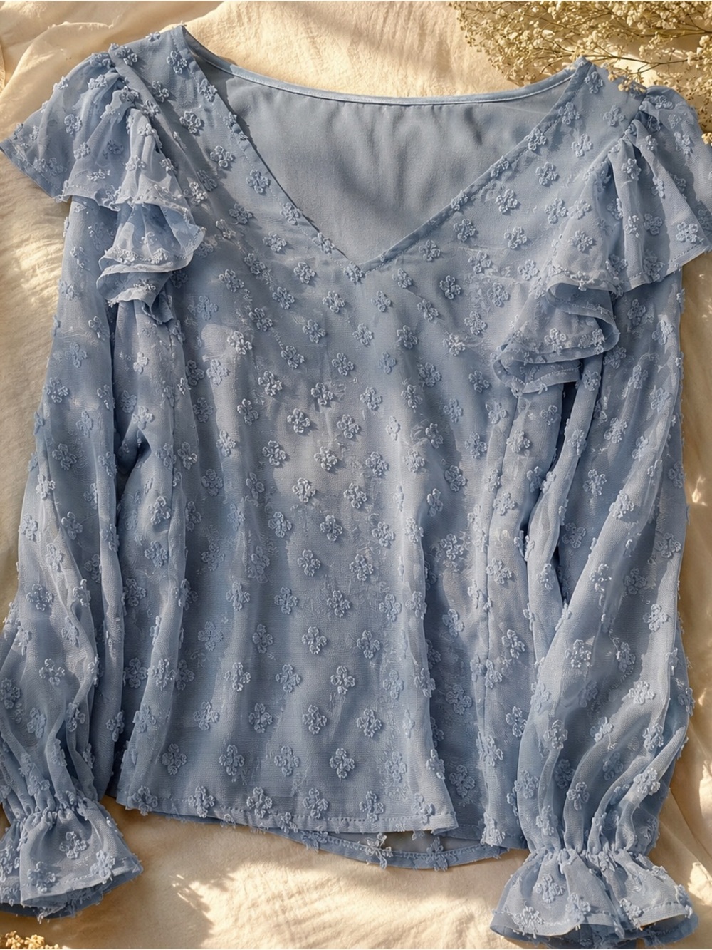Blue Swiss Dot Ruffle long Sleeve top Medium - Picture 2 of 8